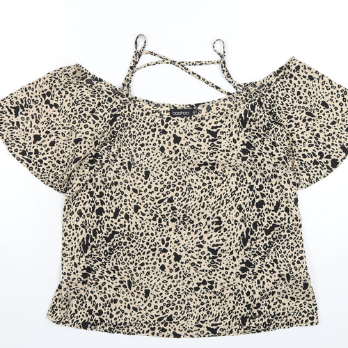 Boohoo Womens Beige Geometric Polyester Basic T-Shirt Size 12 Scoop Neck