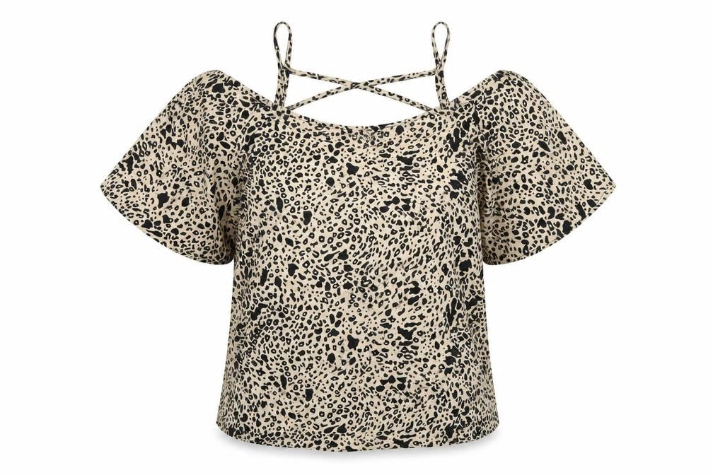 Front view of Boohoo women’s beige geometric polyester basic t-shirt, size UK 12, scoop neck