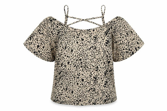 Front view of Boohoo women’s beige geometric polyester basic t-shirt, size UK 12, scoop neck