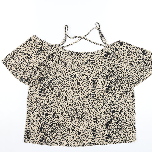 Boohoo Womens Beige Geometric Polyester Basic T-Shirt Size 12 Scoop Neck
