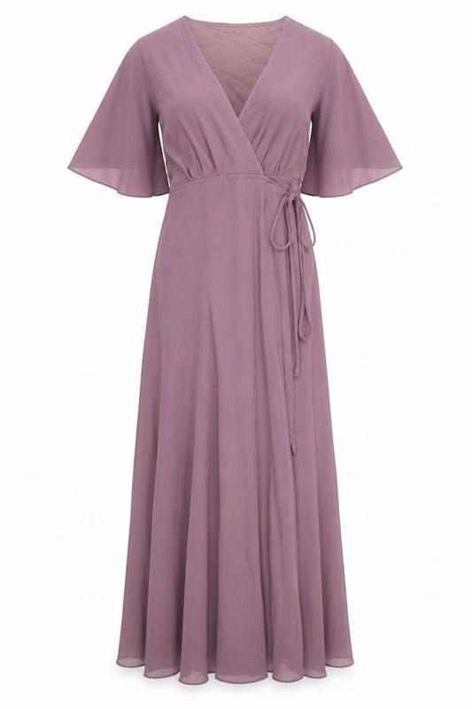 Front view of Boohoo women’s purple polyester wrap dress, size UK 10, v-neck tie