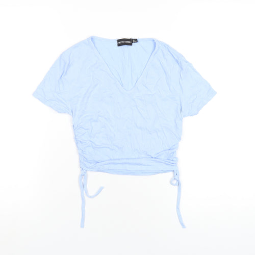 PRETTYLITTLETHING Womens Blue Viscose Cropped T-Shirt Size 8 V-Neck