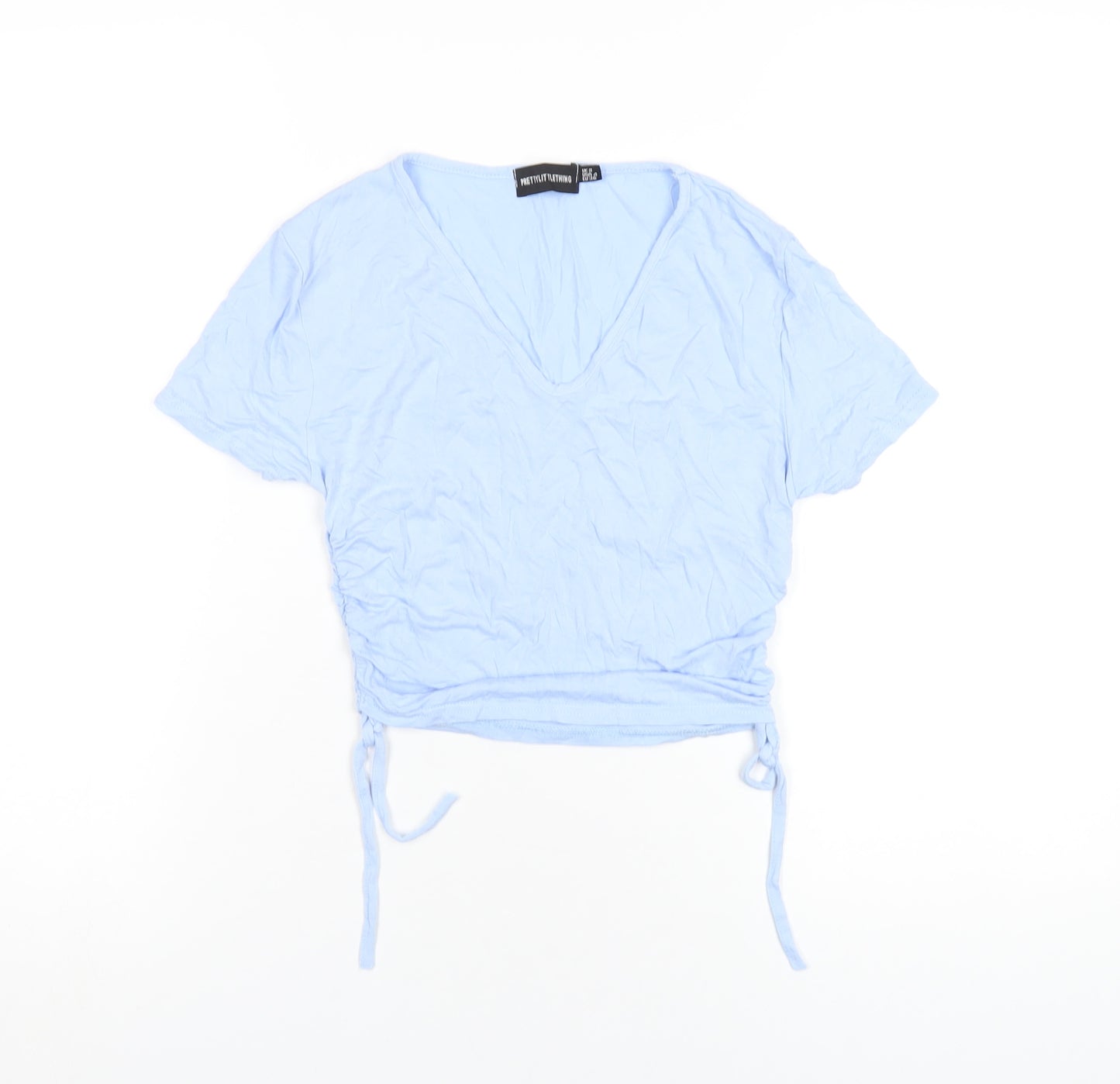 PRETTYLITTLETHING Womens Blue Viscose Cropped T-Shirt Size 8 V-Neck