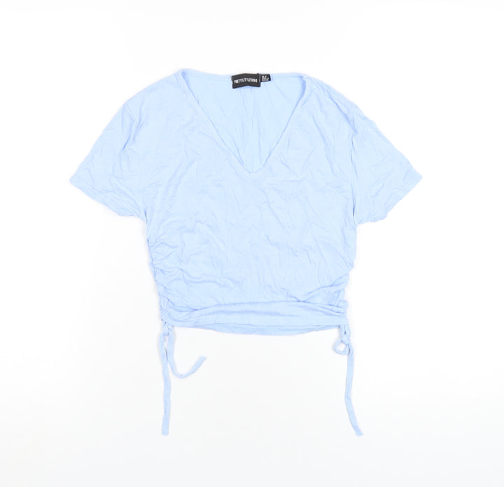 PRETTYLITTLETHING Womens Blue Viscose Cropped T-Shirt Size 8 V-Neck