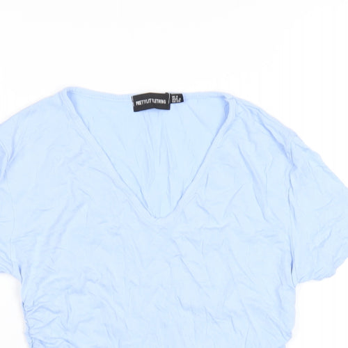PRETTYLITTLETHING Womens Blue Viscose Cropped T-Shirt Size 8 V-Neck