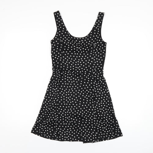 H&M Womens Black Polka Dot Polyester Skater Dress Size 8 Scoop Neck Pullover