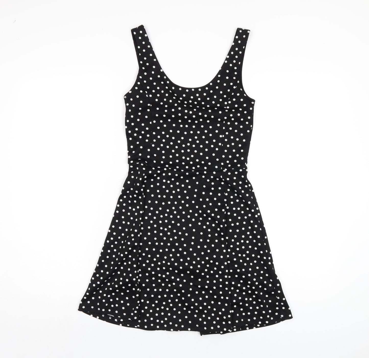 H&M Womens Black Polka Dot Polyester Skater Dress Size 8 Scoop Neck Pullover