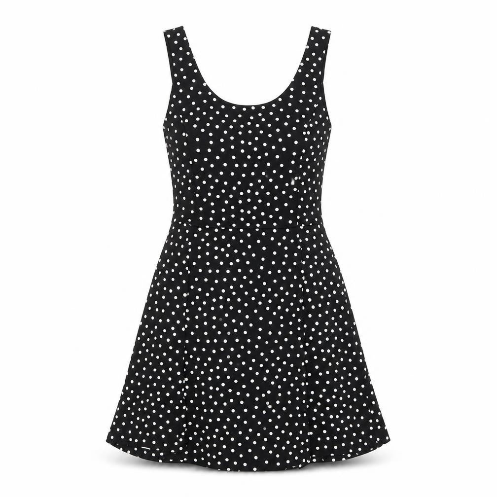 Front view of H&M women’s black polka dot polyester skater dress, size UK 8, scoop neck pullover