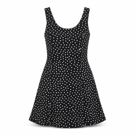 Front view of H&M women’s black polka dot polyester skater dress, size UK 8, scoop neck pullover