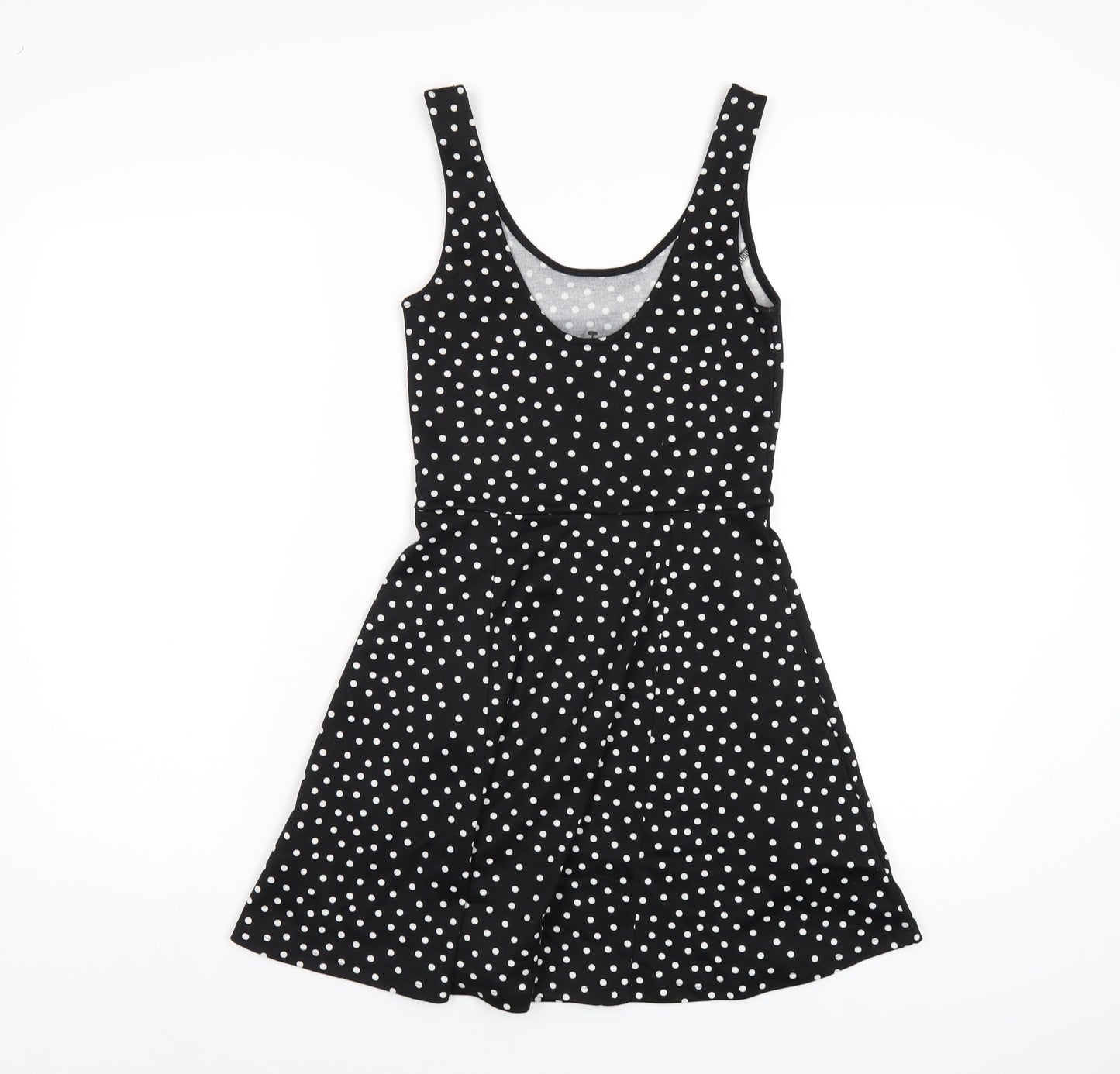 H&M Womens Black Polka Dot Polyester Skater Dress Size 8 Scoop Neck Pullover