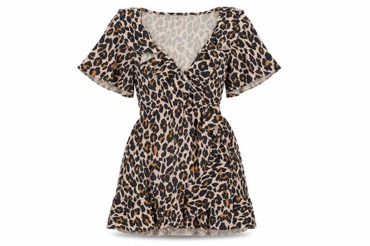 Front view of Boohoo women’s brown animal print polyester a-line, size UK 12, v-neck pullover