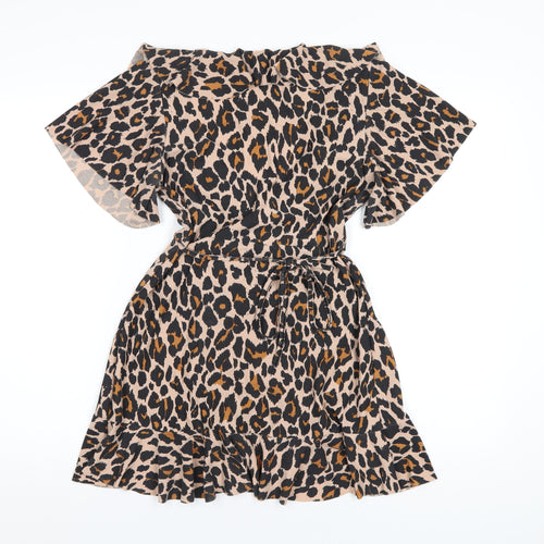 Boohoo Womens Brown Animal Print Polyester A-Line Size 12 V-Neck Pullover