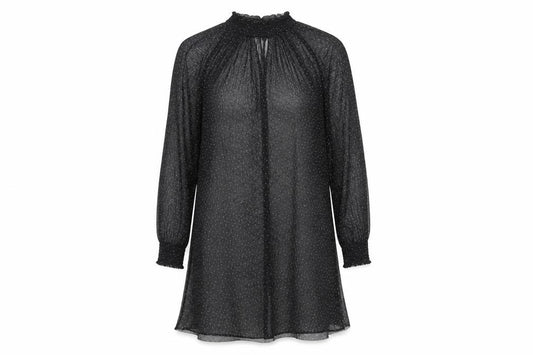 Front view of New Look women’s black polka dot polyester a-line, size UK 14, mock neck button