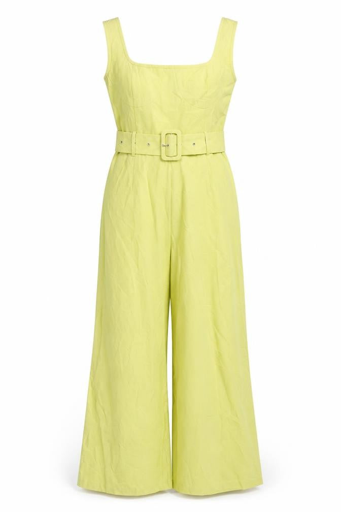 Front view of PRETTYLITTLETHING women’s green polyester jumpsuit one-piece, size UK 8, 31-inch leg zip