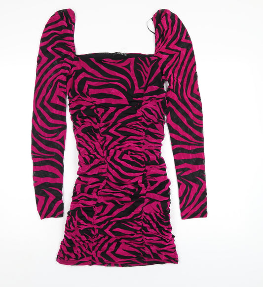 Quiz Womens Pink Animal Print Polyester Bodycon Size 12 Square Neck Pullover