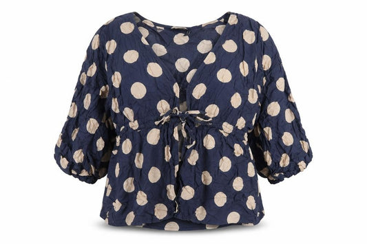 Front view of ASOS women’s blue polka dot cotton basic t-shirt, size UK 16, v-neck