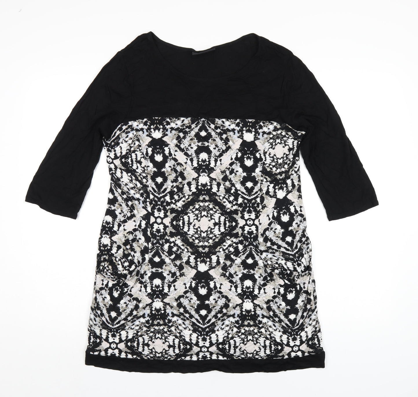 Wallis Womens Black Geometric Viscose Basic T-Shirt Size M Scoop Neck
