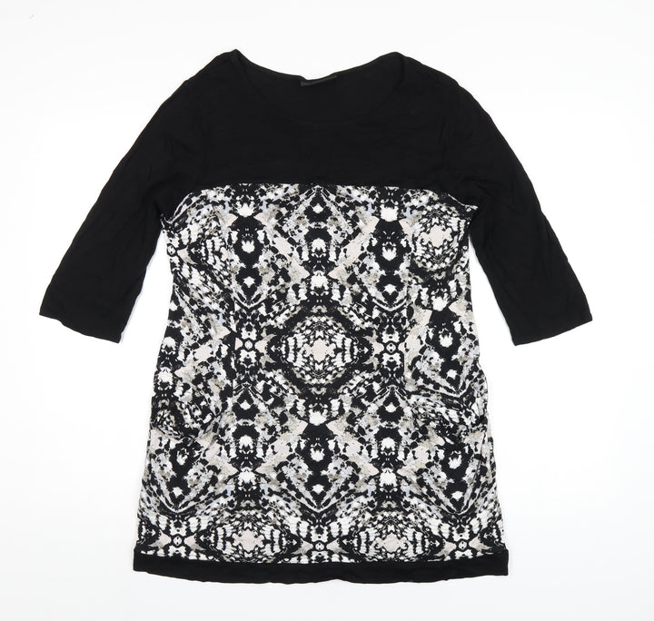 Wallis Womens Black Geometric Viscose Basic T-Shirt Size M Scoop Neck