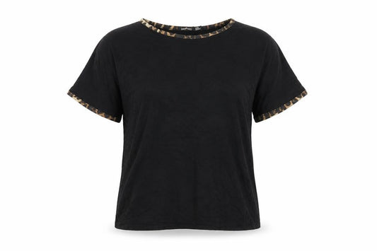 Front view of Boohoo women’s black viscose basic t-shirt, size UK 14, round neck