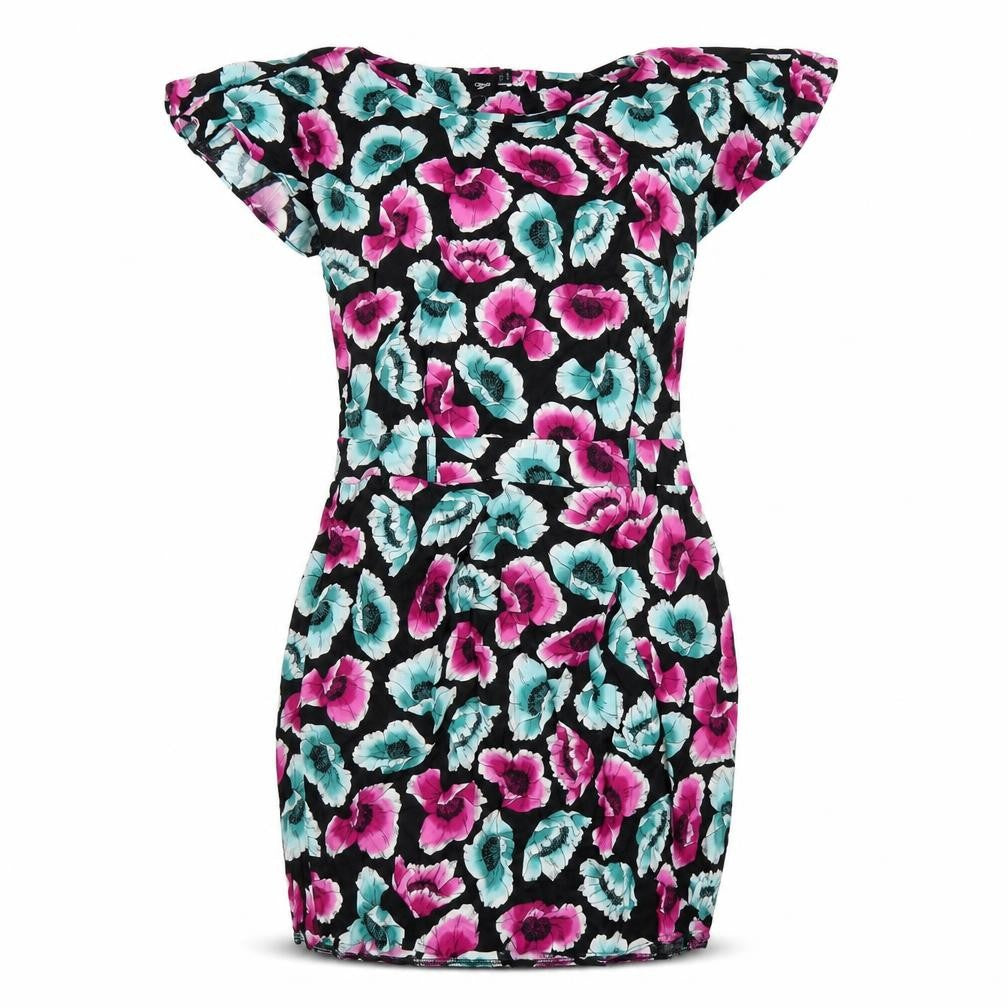 Front view of ASOS women’s multicoloured geometric viscose a-line, size UK 12, round neck zip