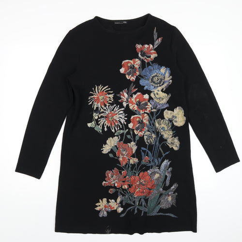 Zara Womens Black Floral Polyester A-Line Size M Round Neck Pullover