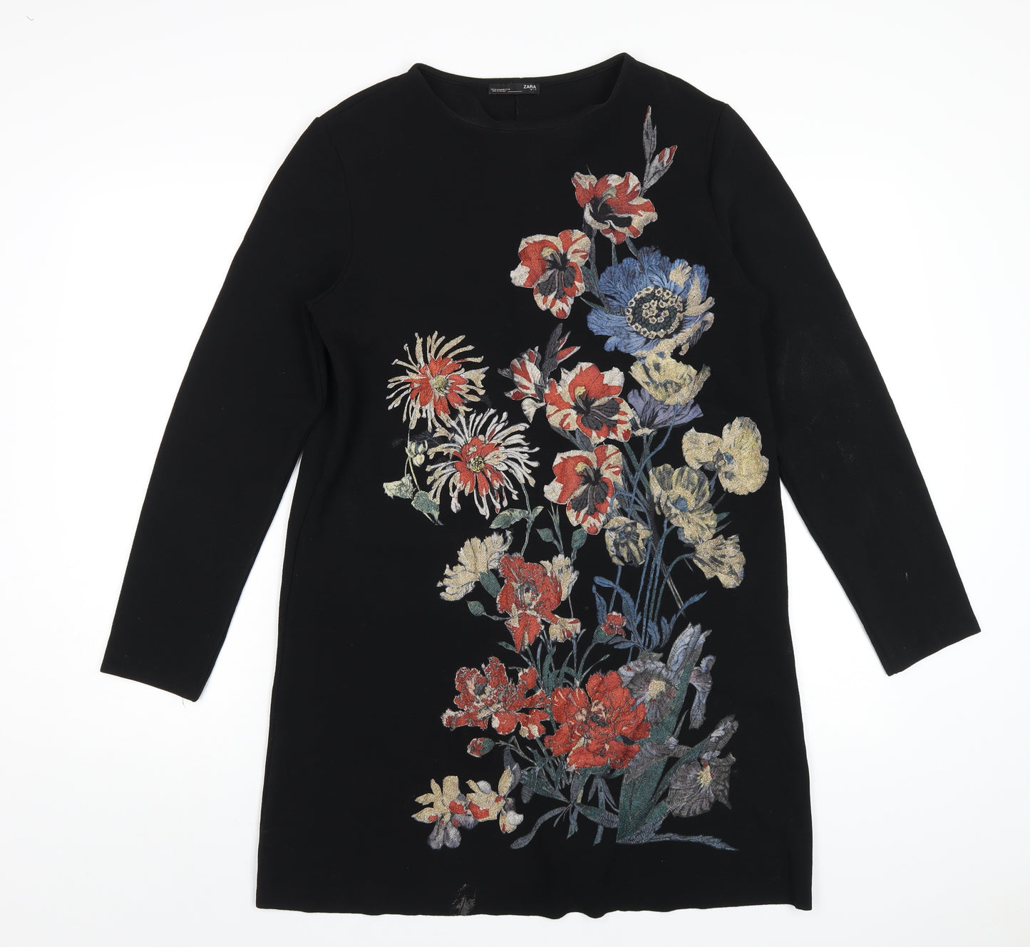 Zara Womens Black Floral Polyester A-Line Size M Round Neck Pullover