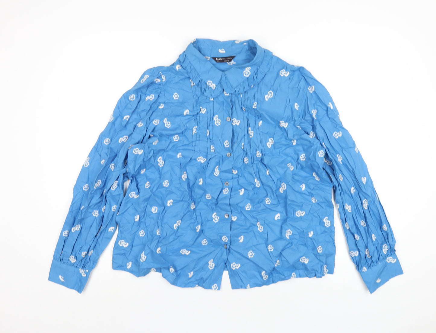 Marks and Spencer Womens Blue Geometric Cotton Basic Button-Up Size 14 Collared