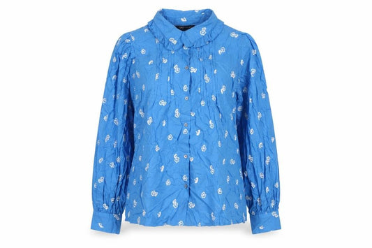 Front view of Marks & Spencer women’s blue geometric cotton basic button-up, size UK 14, collared