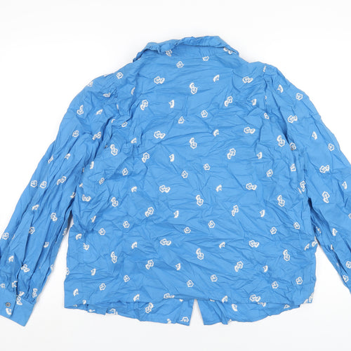Marks and Spencer Womens Blue Geometric Cotton Basic Button-Up Size 14 Collared