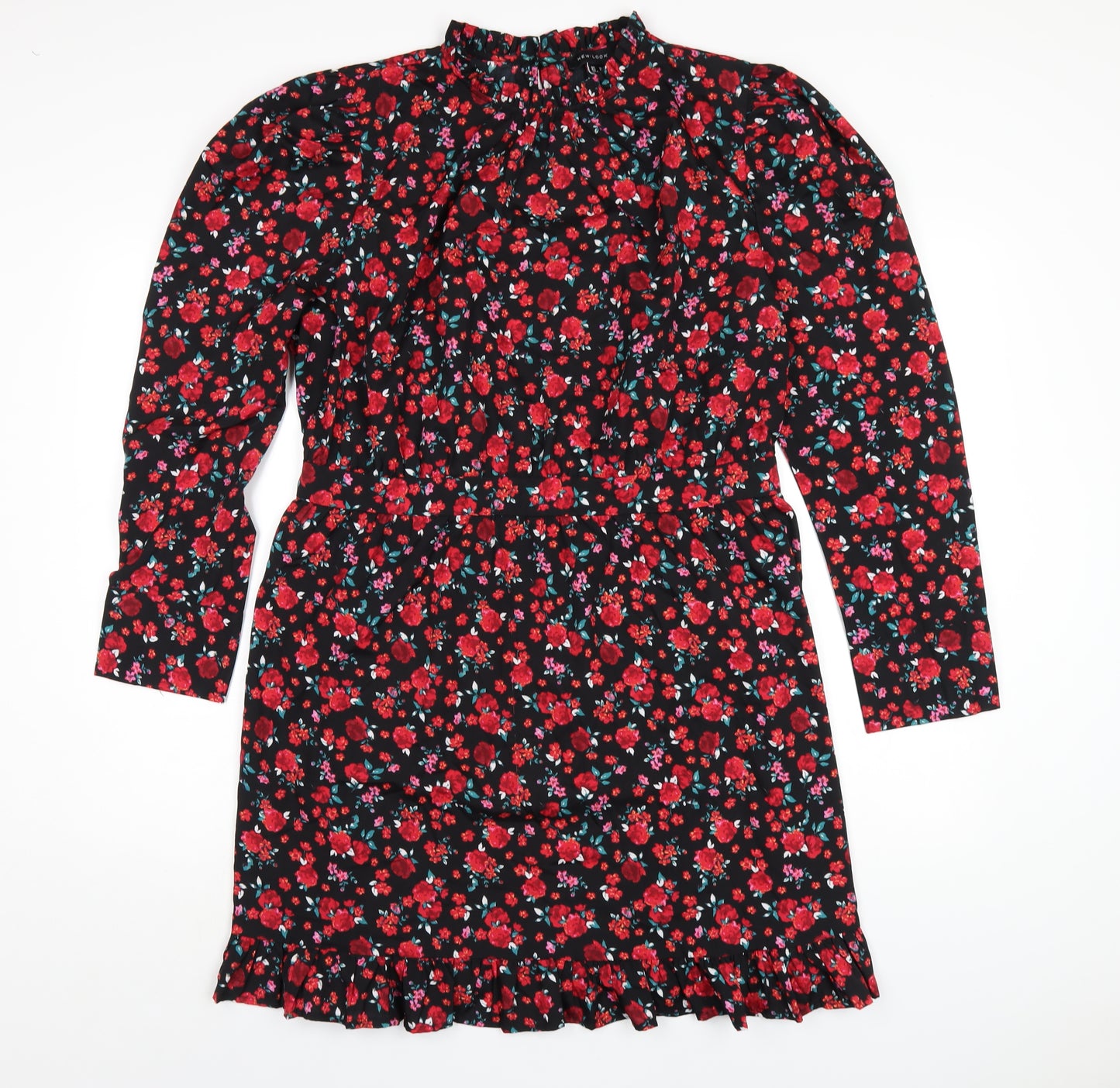 New Look Womens Red Floral Polyester A-Line Size 18 Round Neck Button