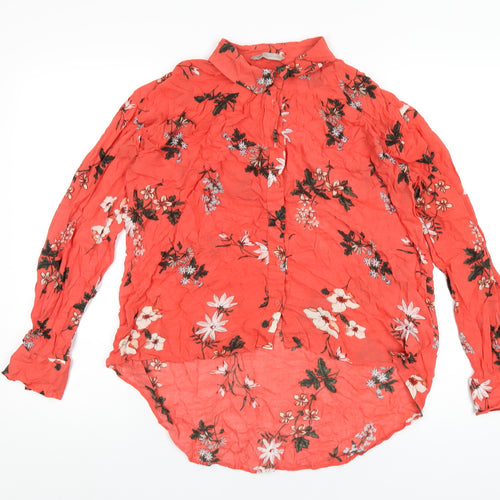 Marks and Spencer Womens Red Floral Viscose Basic Button-Up Size 10 Collared