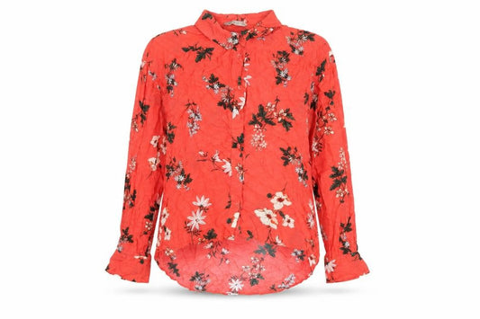 Front view of Marks & Spencer women’s red floral viscose basic button-up, size UK 10, collared