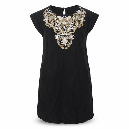 Front view of Warehouse women’s black geometric viscose t-shirt dress, size UK 12, round neck button