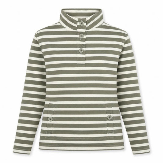 Front view of Cotton Traders women’s green striped cotton pullover sweatshirt, size UK 10, pullover -, size UK 10-12