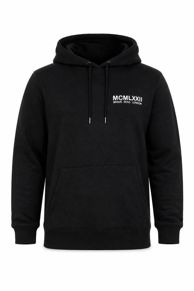 Front view of Brave Soul men’s black polyester pullover hoodie, size S, - logo