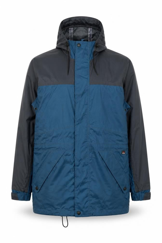 Front view of Wynnster men’s blue rain coat jacket, size S, zip