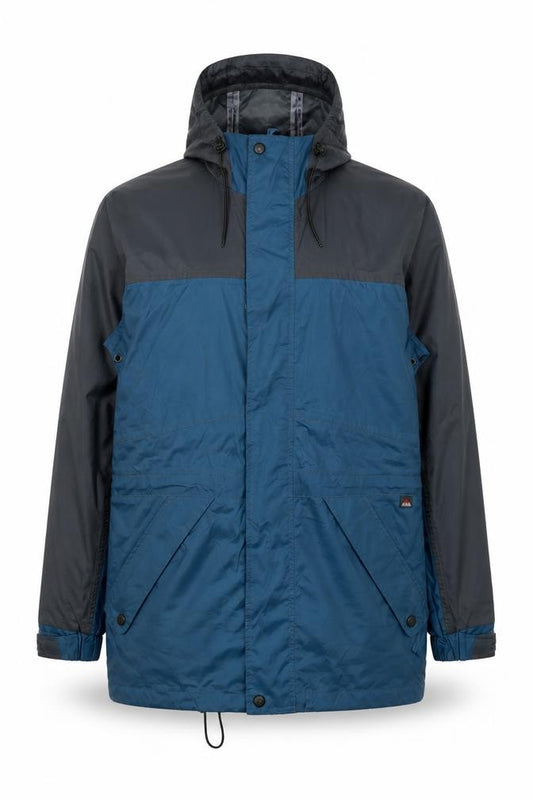Front view of Wynnster men’s blue rain coat jacket, size S, zip