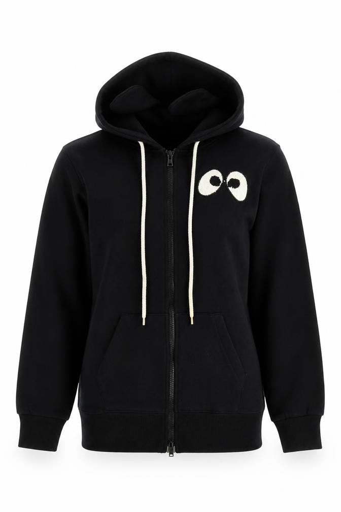 Front view of Mini Cream women’s black cotton full zip hoodie, size S, pullover - eyes goodbye
