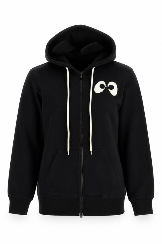 Front view of Mini Cream women’s black cotton full zip hoodie, size S, pullover - eyes goodbye