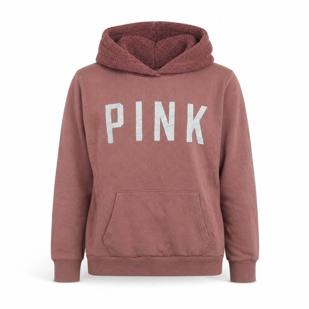 Front view of PINK women’s brown cotton pullover hoodie, size M, pullover - logo