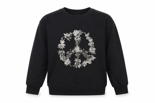 Front view of A Postcard From Brighton women’s black cotton pullover sweatshirt, size S, pullover - flowers peace