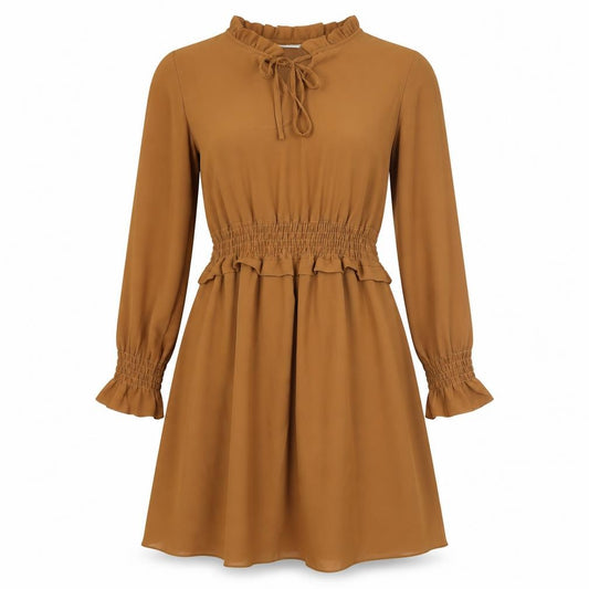Front view of Made in Italy women’s brown polyester a-line, size UK 12, v-neck