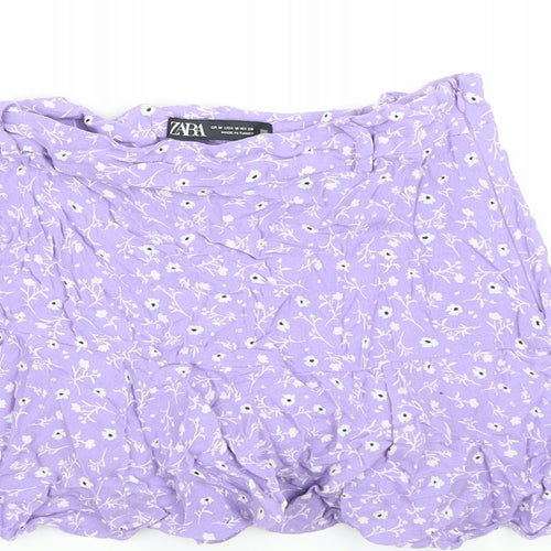 Zara Womens Purple Floral Viscose Mini Skort Size M Regular Zip
