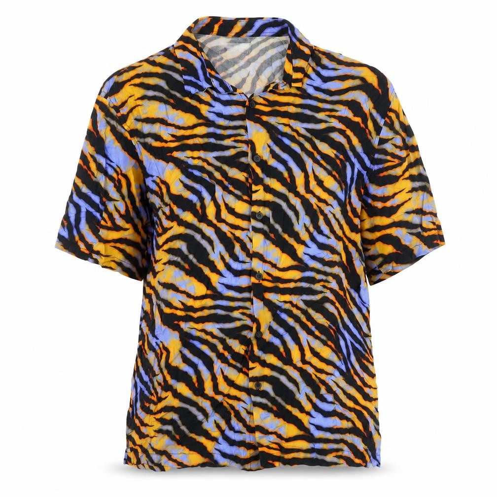 Front view of Bershka women’s multicoloured animal print viscose basic blouse, size M, collared