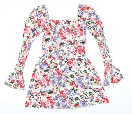 Missguided Womens Multicoloured Floral Cotton A-Line Size 10 Square Neck Zip