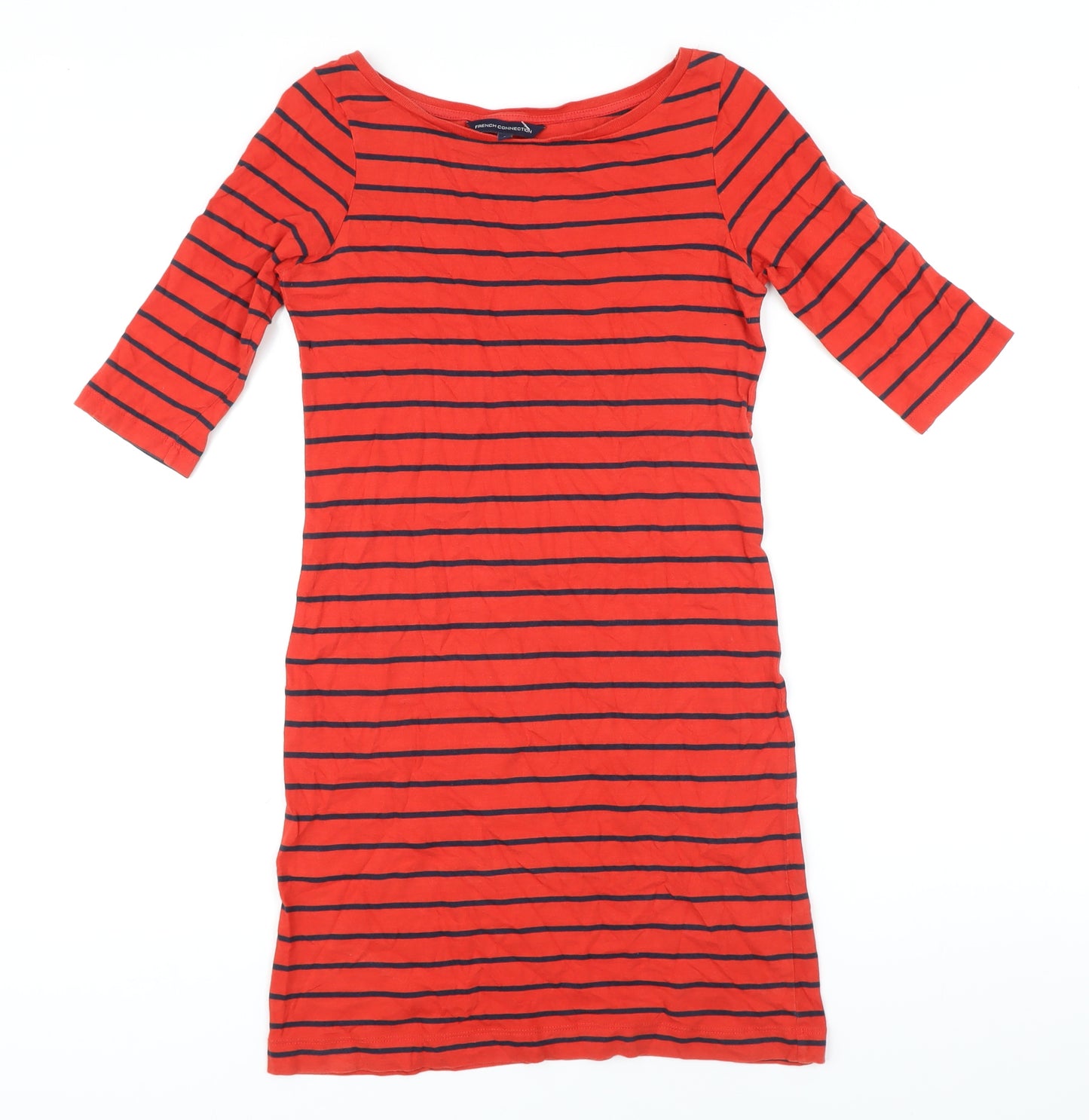 French Connection Womens Red Striped 100% Cotton T-Shirt Dress Size 8 Boat Neck