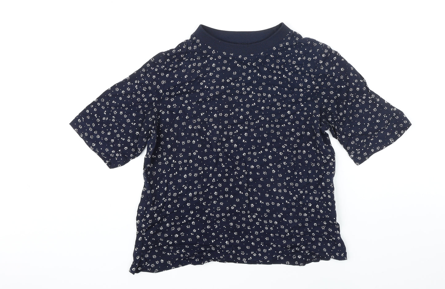M&S Womens Blue Floral Viscose Basic T-Shirt Size 10 Round Neck