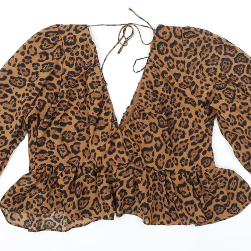 H&M Womens Brown Animal Print Polyester Blend Tunic Blouse Size XL V-Neck