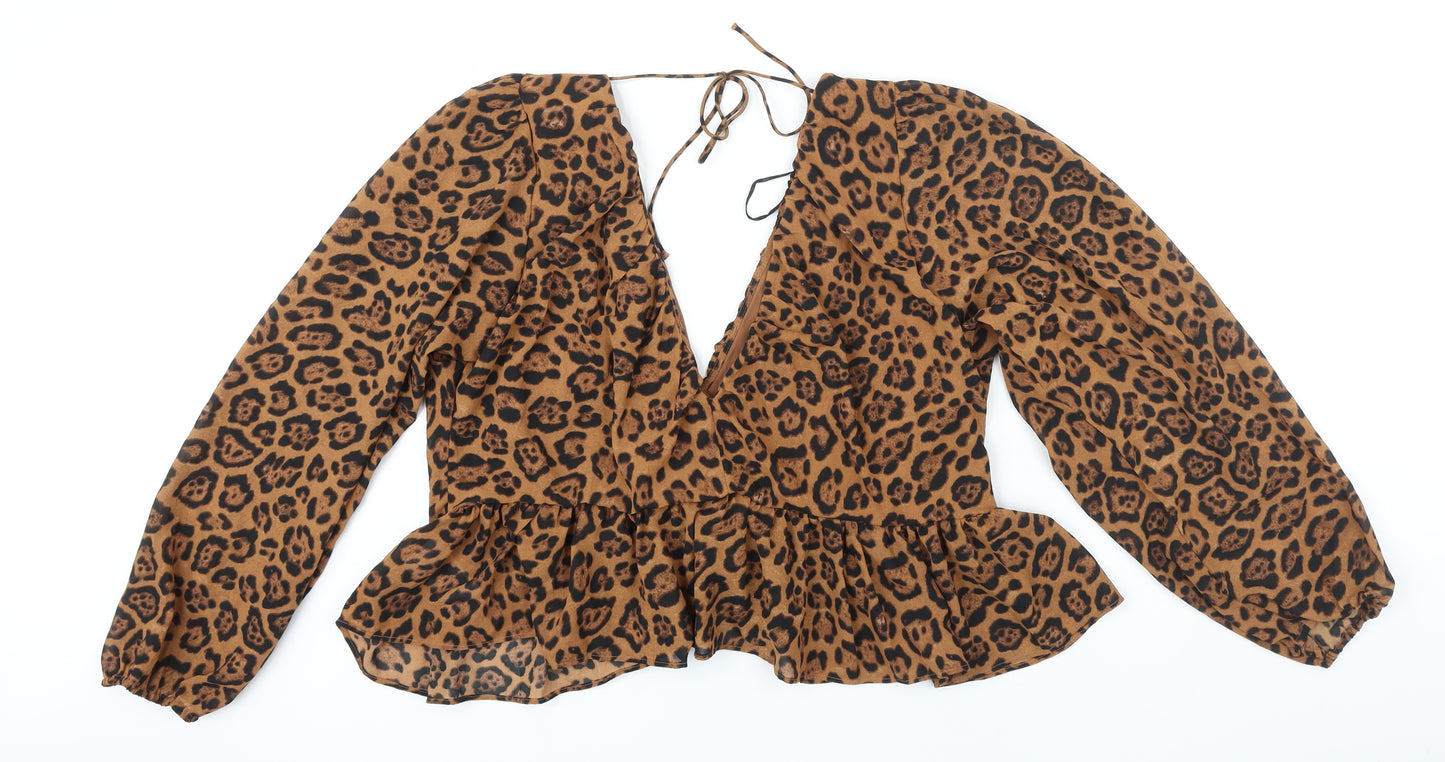 H&M Womens Brown Animal Print Polyester Blend Tunic Blouse Size XL V-Neck