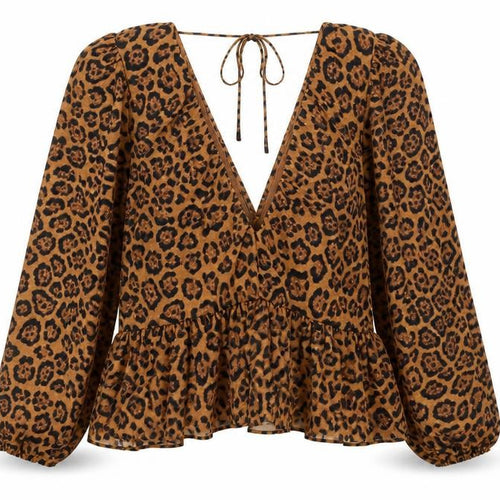 H&M Womens Brown Animal Print Polyester Blend Tunic Blouse Size XL V-Neck